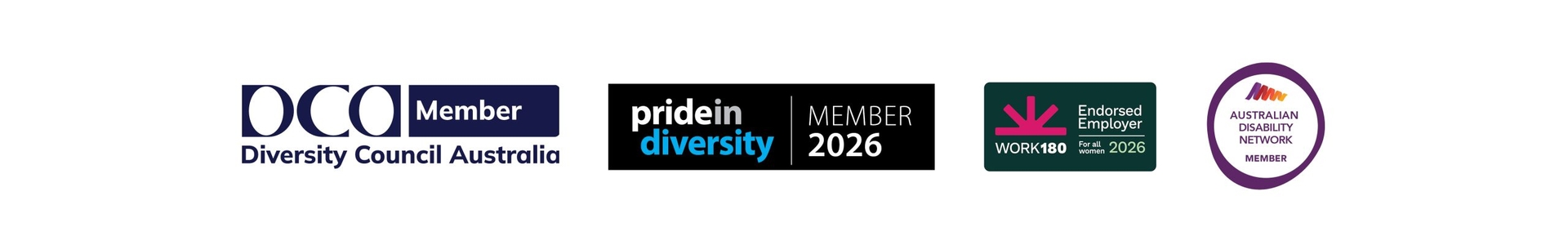 Badges of accreditation and memberships including memberships of Diversity Council Australia, Pride in Diversity and the Australian Disability Network, WORK180 endorsed employer.