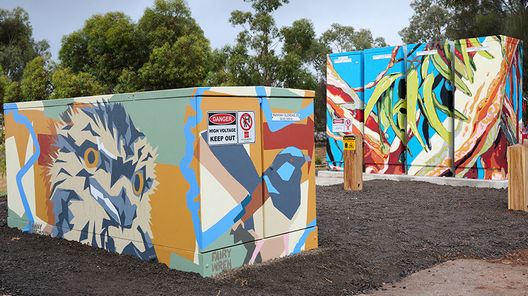 A picture of the decorated Community Battery at Gleneagles Park, Tarneit, Victoria.